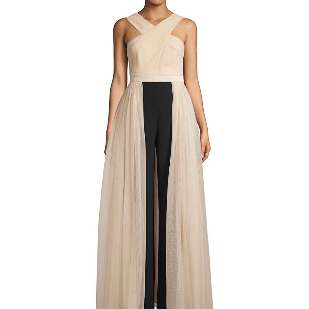 BCBGMAXAZRIA Eve Overlay Walk-Through Jumpsuit Almond Blossom Black Halter XXS